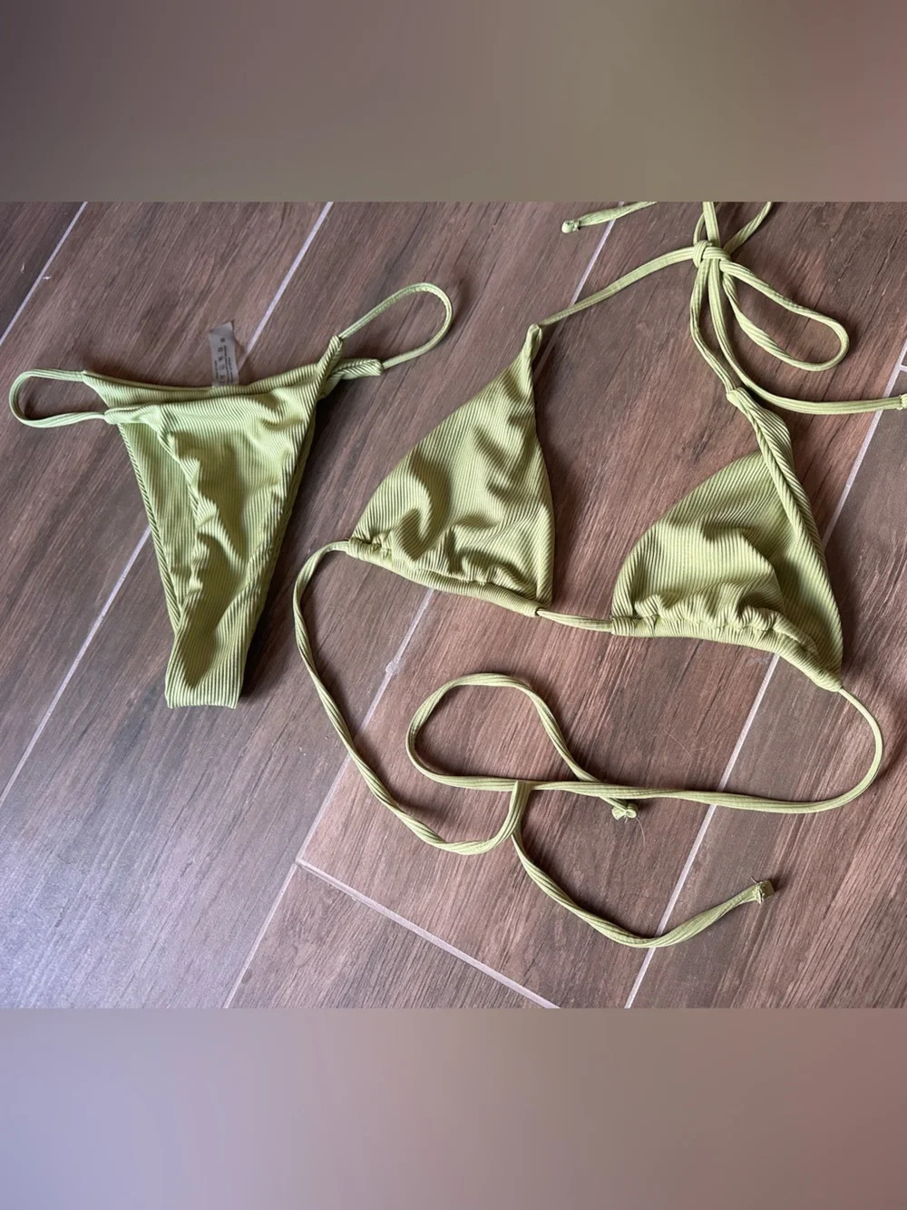 Olive Green Ribbed Triangle Bikini Set Size M